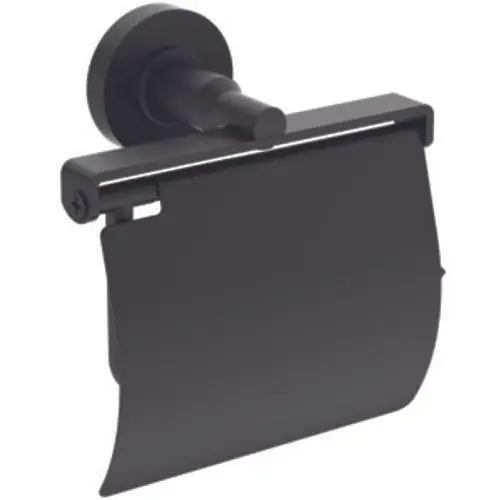 Papierrollenhalter in Schwarz mit Deckel, montiert an einer Wand, hergestellt von Ideal Standard. Design mit schlichter Halterung und abgerundeten Kanten.